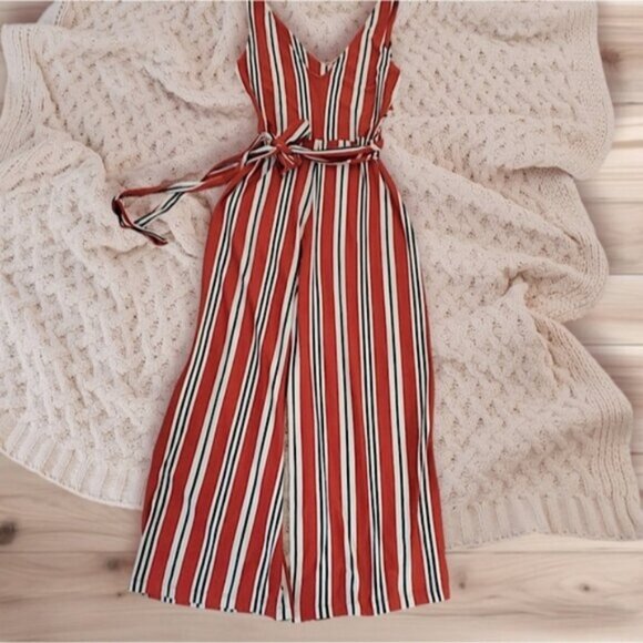 BERSHKA Europe Striped V neck Tie Waist Wide Leg Jumpsuit - Picture 4 of 16